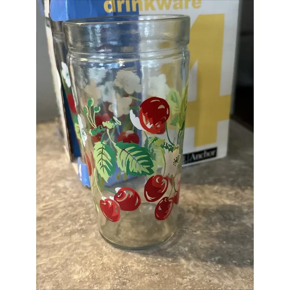 NOS Anchor Hocking Drinkware Cherries Blossom Glasses 4 15oz Cups Y2K Retro